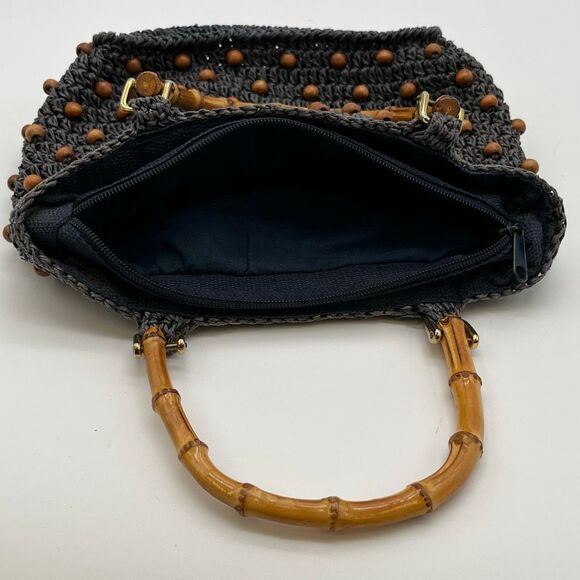 Crochet Handbag Black Beaded Bamboo Handle Boho Purse Zip Top Retro Bag Artisan - Picture 4 of 6